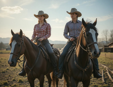 Cowboy and cowgirl riding on horseback in a field at sunsetの素材