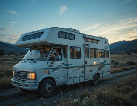 Camper on the road in the mountains at sunset. Holidays in motor home.の素材