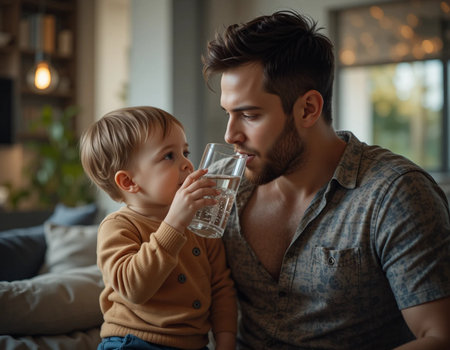 Cute little boy drinking water from glass with his father at homeの素材