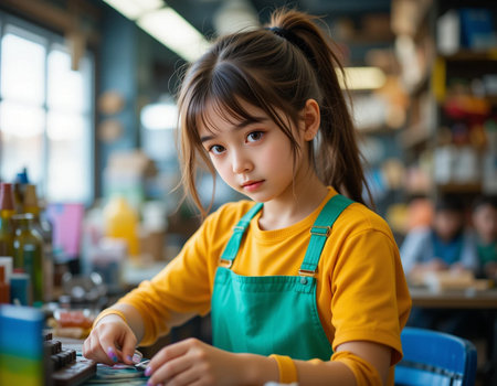 Cute asian child girl playing at the art studio. Education concept.の素材