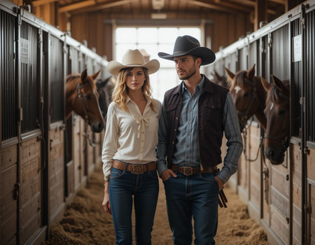 Cowboy and cowgirl standing in a stable with their horses.の素材