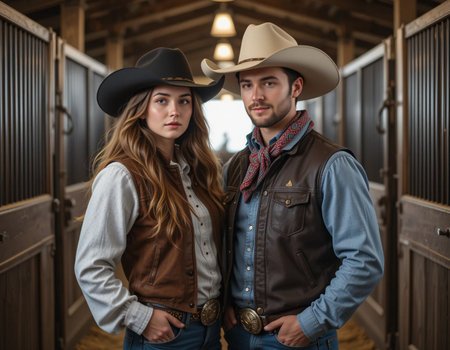 Portrait of a beautiful young couple in cowboy clothes posing in a stableの素材