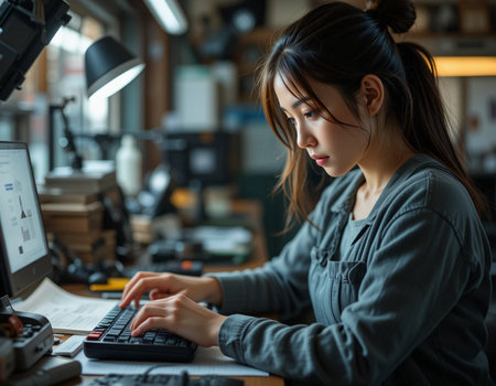 Young Asian woman working on computer at her desk in the officeの素材
