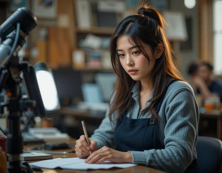 portrait of young Asian businesswoman writing on paper in officeの素材