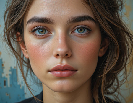 Close-up portrait of a young beautiful woman with green eyes.の素材