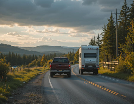 Caravan on the road in the mountains at sunset. Caravan trailer.の素材