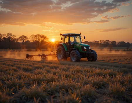 Tractor plowing the field at sunset with a sprayer.の素材