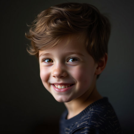 Portrait of a smiling little boy on dark background. Close up.の素材
