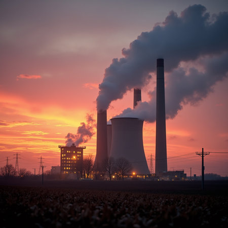 Power plant with smoking chimneys at sunset in Poland. Nature background.の素材
