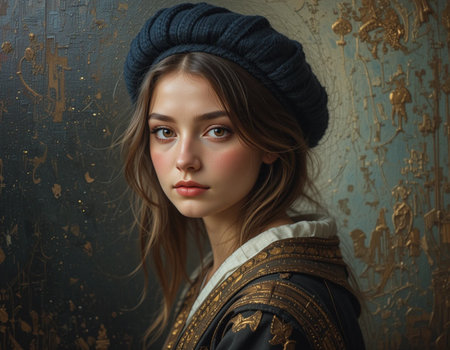 Portrait of a beautiful young woman in a hat on a dark background.の素材