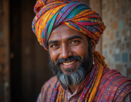 Portrait of a smiling Indian man in a colorful turban.の素材