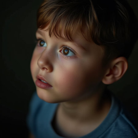 Portrait of a little boy on a dark background, close-upの素材