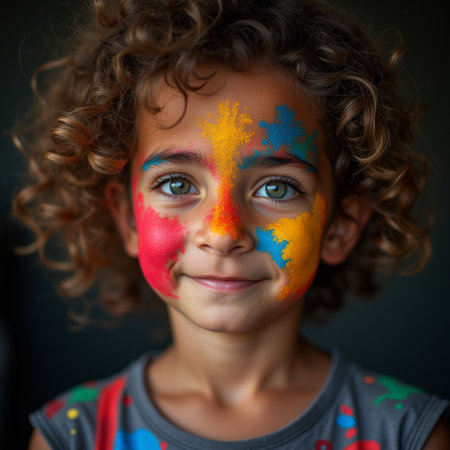 Portrait of a cute little boy with face painted like a rainbowの素材