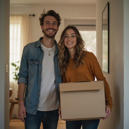 Portrait of happy young couple carrying cardboard box while moving into new homeの素材