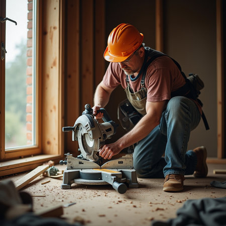 Carpenter working with a circular saw in a carpentry workshop.の素材