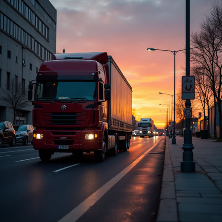 Truck on the road at sunset. Freight transportation and logistics.の素材