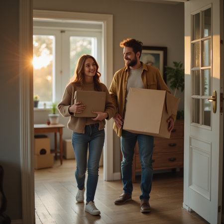 Young couple holding boxes and moving into new house. They are smiling and looking at camera.の素材
