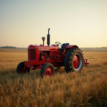 Red tractor on the field at sunset. Tractor in the fieldの素材