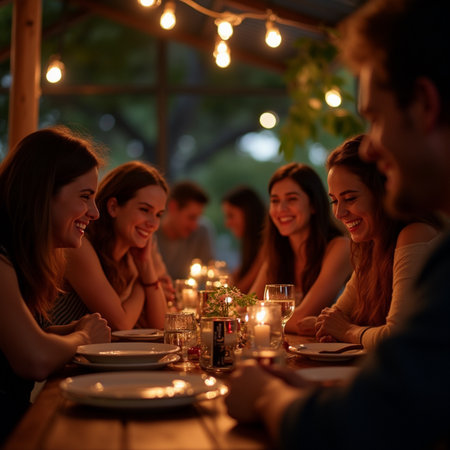 Group of friends having dinner in a restaurant, sitting at the tableの素材