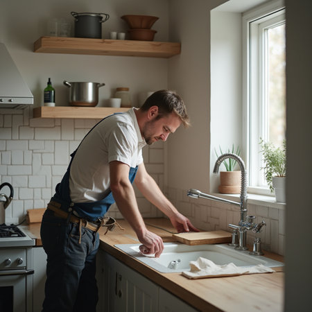 Handyman in the kitchen. Man in the kitchen at home.の素材