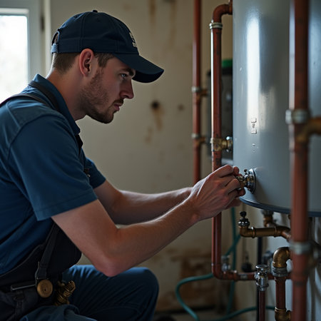 plumber in uniform repairing heating system in boiler room at construction siteの素材