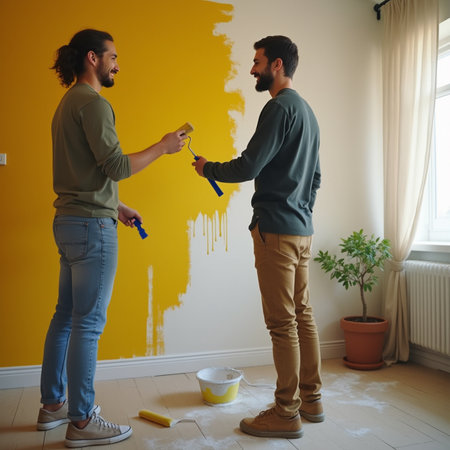 Happy young couple painting interior wall of their new house. They are standing and smilingの素材