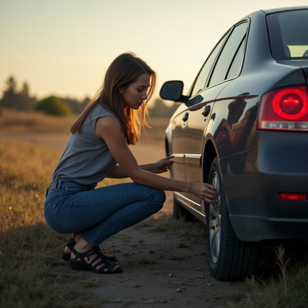 Young woman trying to fix her broken car on a country road.の素材