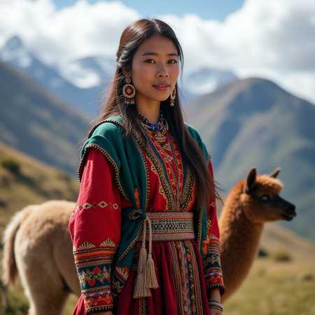 Beautiful Asian woman with alpaca in the mountains.の素材