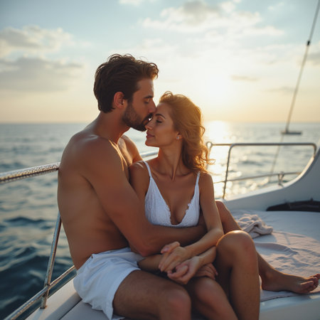 Romantic young couple sitting on the deck of a yacht at sunsetの素材