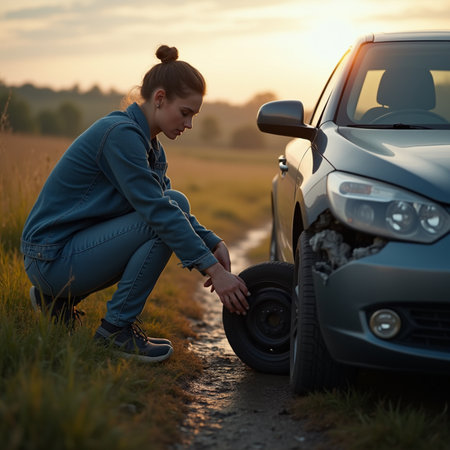 Young woman changing car wheel on countryside road at sunset. Car breakdown conceptの素材