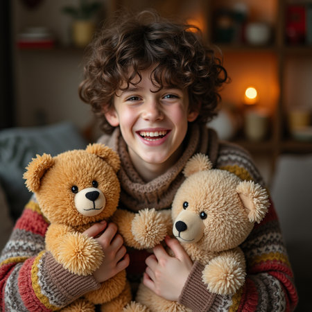 Portrait of a smiling boy with teddy bears at home.の素材