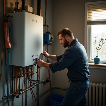 Electrician working on a heating system in a boiler room at homeの素材
