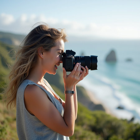 Young woman taking photos on a camera in the mountains with the ocean in the backgroundの素材