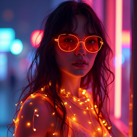 Portrait of a young beautiful girl with bright lights on her face.の素材
