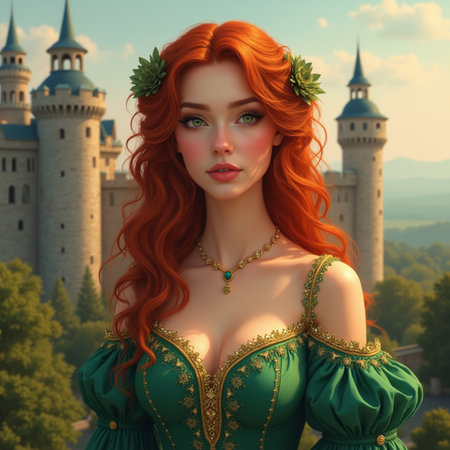 Beautiful redhead girl in a green dress on the background of the castleの素材