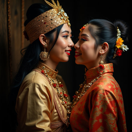 two beautiful asian women wearing traditional thai wedding dress on black backgroundの素材