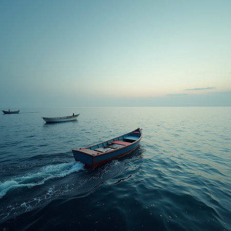 Fishing boat in the sea at sunset, vintage color tone.の素材