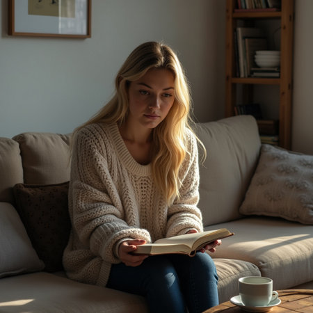 Young woman sitting on sofa at home, reading book and drinking coffee.の素材