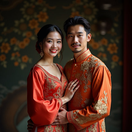 Portrait of young Asian couple in traditional Chinese costume.の素材