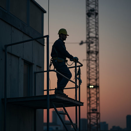 Silhouette of a construction worker on a building site at sunsetの素材