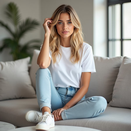 Portrait of a beautiful young woman sitting on the couch at homeの素材