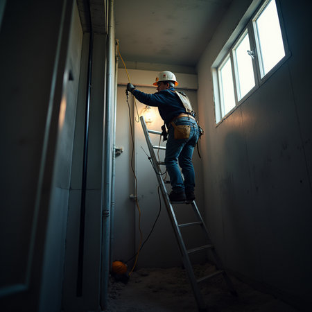 Worker on a ladder painting a wall in a room of a new apartmentの素材