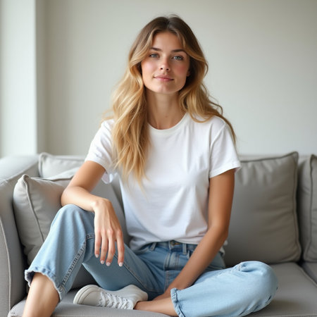 Beautiful young woman sitting on sofa at home in the living room.の素材