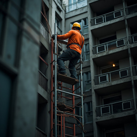 Worker on scaffolding in front of a building construction site.の素材
