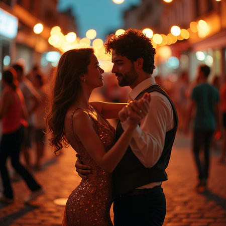 Beautiful couple dancing on the street in the evening at night.の素材