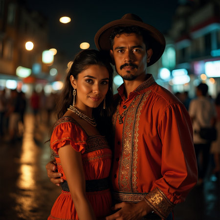 Young Indian couple in traditional clothes walking on the street at nightの素材