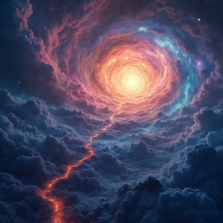 Fiery explosion in the sky. 3D render of a fractalの素材