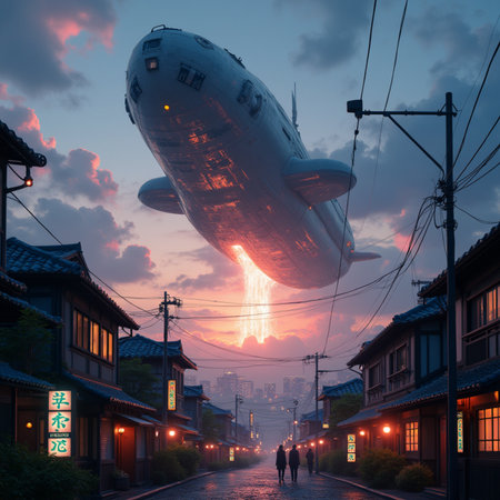 Futuristic flying saucer over the city street at night.の素材