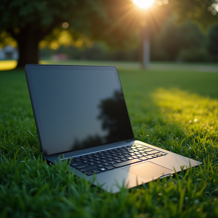 Laptop on the green grass in the park at sunset time.の素材