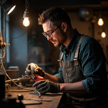 Craftsman working in his workshop. Handsome young man in eyeglasses and overalls working in his workshop.の素材